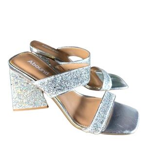 Abound Block Heel Slide Sandal 7.5 Sparkly Glam Wedding Bridal Silver Carina